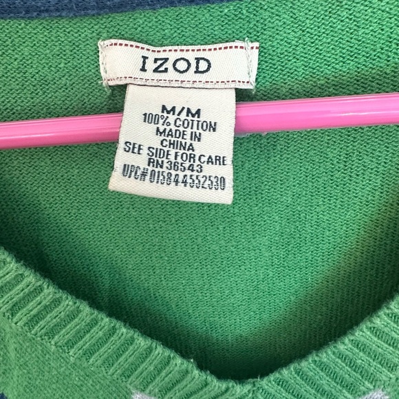 Izod V Neck Argyle Sweater Green Long Sleeve 100% Cotton Size Medium - Picture 3 of 9